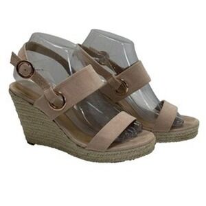 Open Toe Heal Sandals Shoes Beige Pink Espadrille Wedge Strap 7.5 Summer Wedding